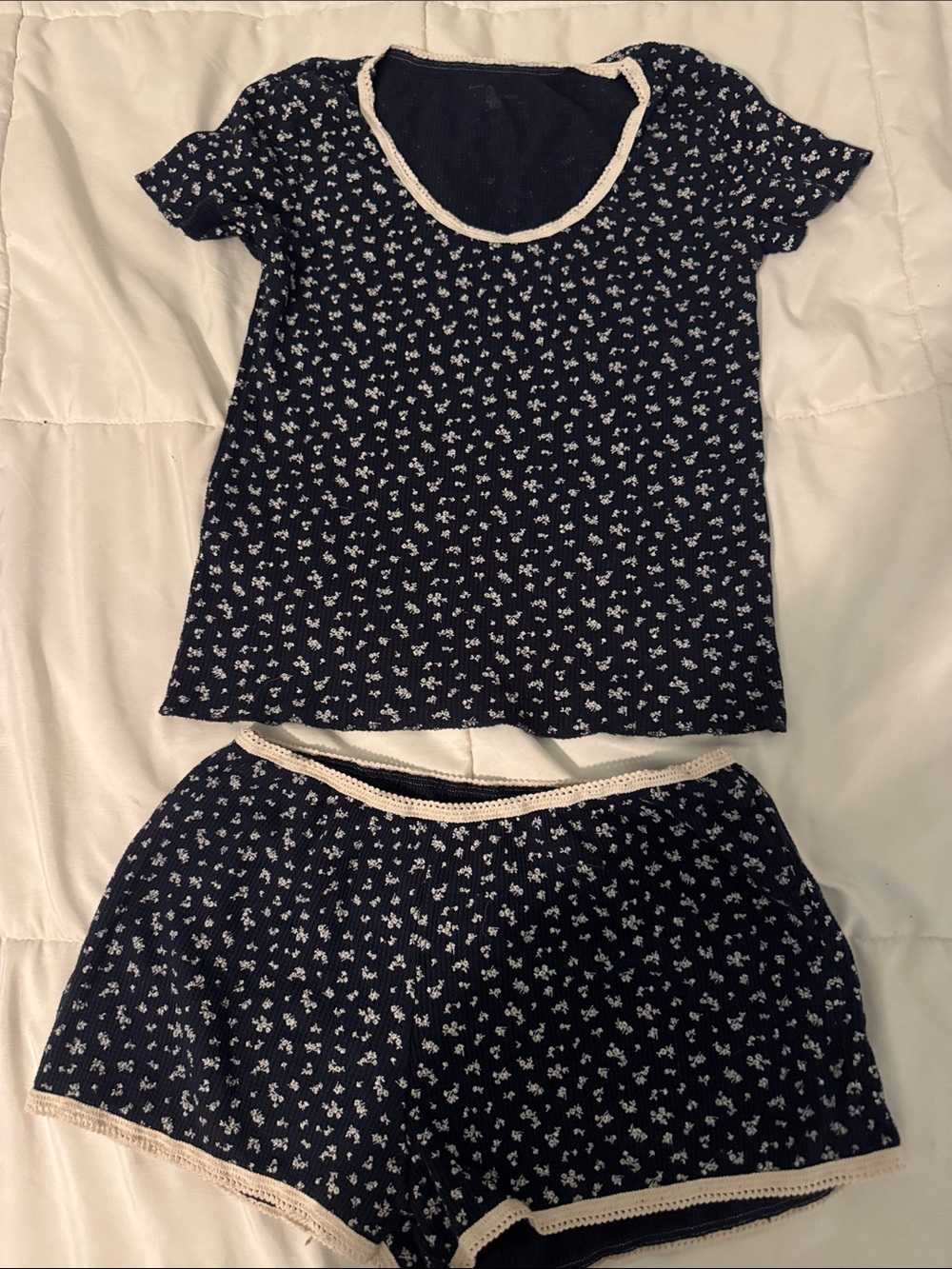 Navy Floral Two-Piece Loungewear Set with Cream Trim